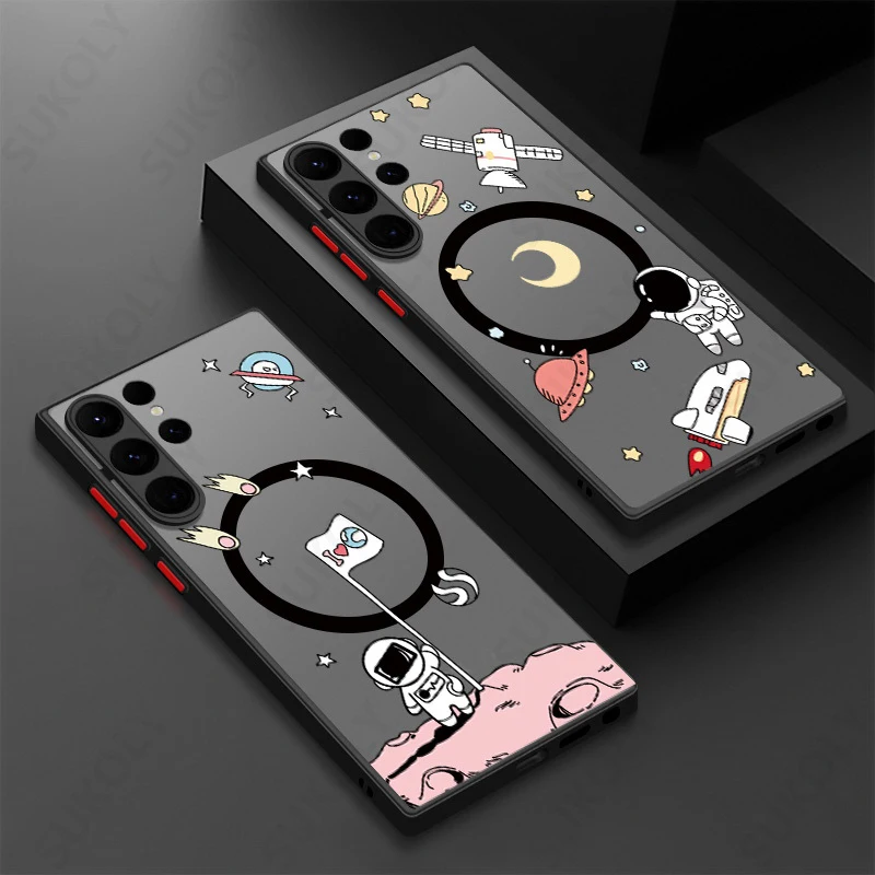 Astronaut Magsafe Charging Matte Acrylic Phone Cover with Iron Ring Design