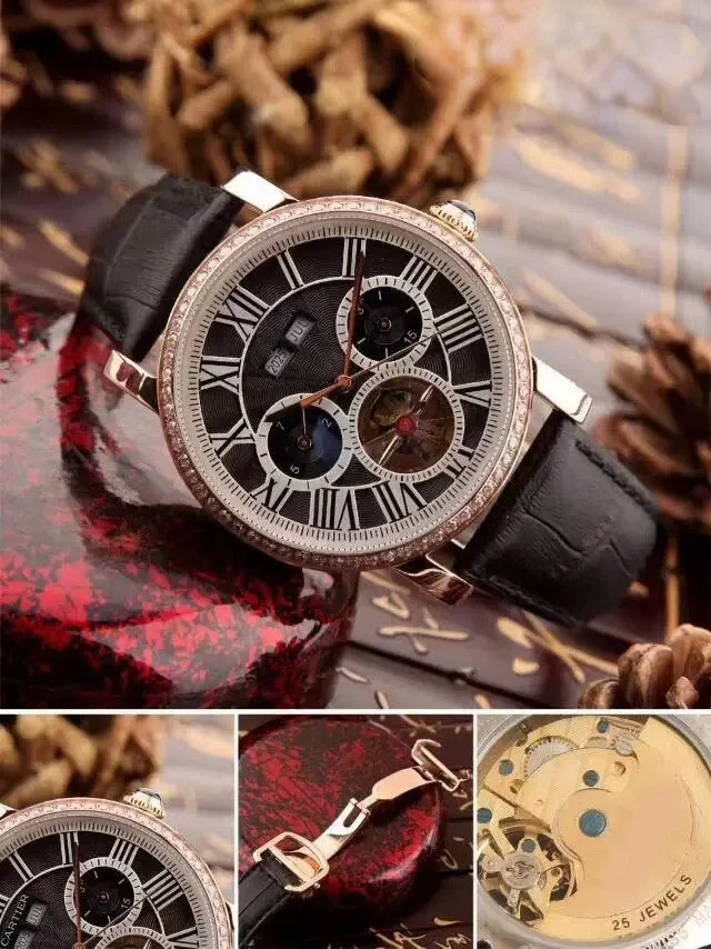 

Luxury New Mens Mechanical Watch Automatic Rose Gold Diamond Black Leather Tourbillion Sport Watches