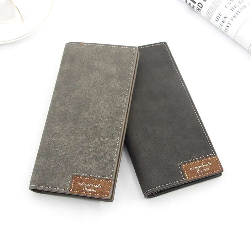 Korean new men's wallet pu leather long frosted leather wallet fashion thin long bag splicing multi clip men's wallet