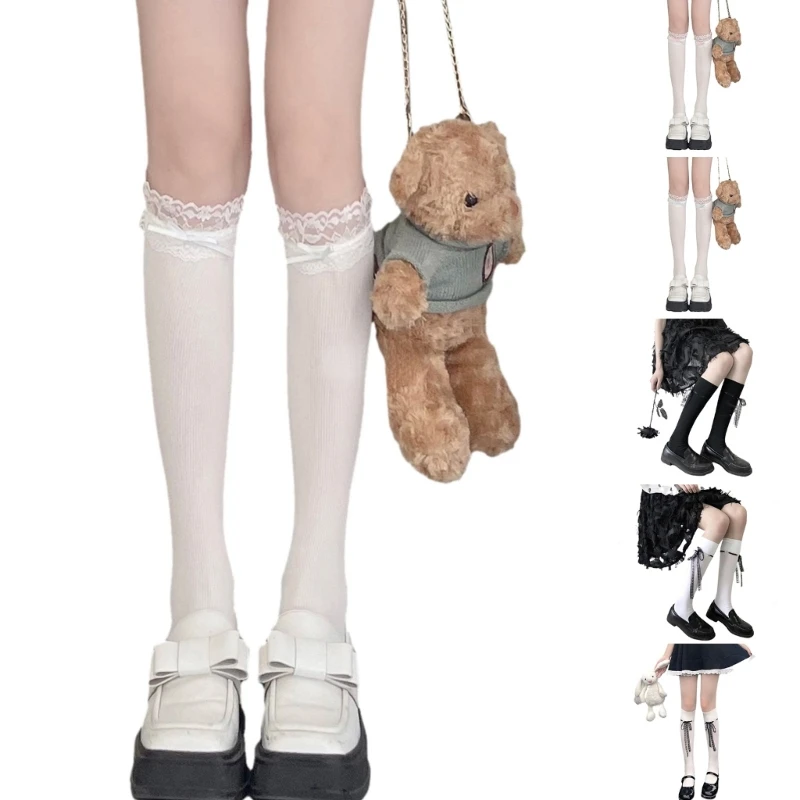 

Womens Stockings Mesh Lacing up Knee Socks Sexy Patchwork Calf Socks Lace Socks