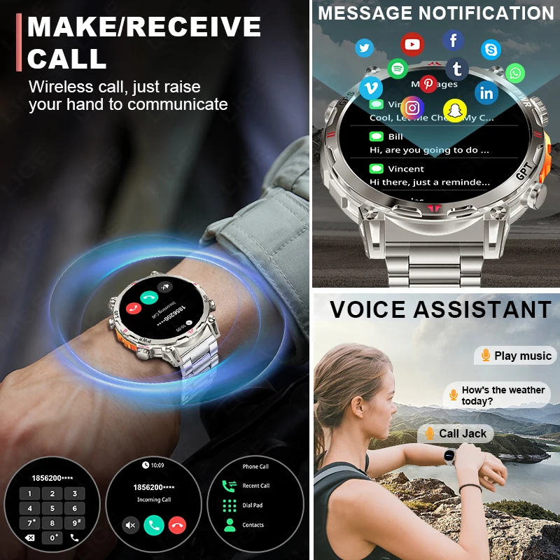 LIGE GPS Smart Watch Professional Sports Men AMOLED Full-Touch Screen 650mAh Battery 3ATM Waterproof Heart Rate Call Smartwatch