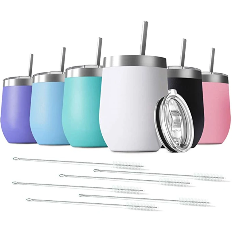 

12oz Powder Coated Wine Tumbler Stainless Steel Wine Glasses with Metal Straw Brush Double Wall Coffee Cup For Bridesmaid Gift