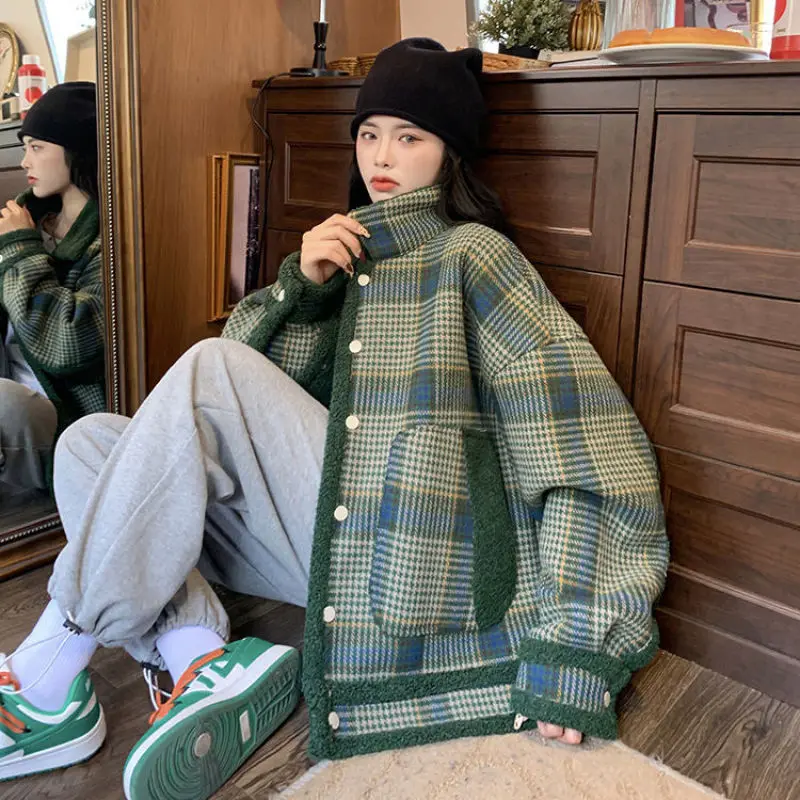 Women's Mitation Lamb Wool Cotton Coat Winter 2023 New Vintage Design Sense Checker Fashion Thickened Warm Cottons Coat
