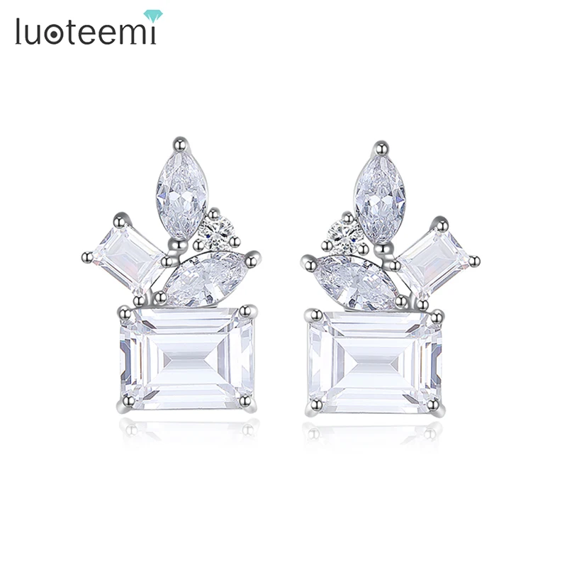 

LUOTEEMI Square Cubic Zirconia Stud Earrings For Women Korean Fashion Party Luxury Jewelry Girl‘s Cute Emerald Cut CZ Earring