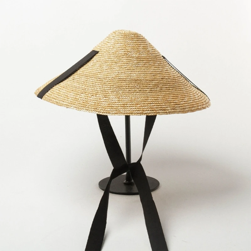 Women Wide Brim Straw Hat Long Strap Conical Hat Beach Vacation Travel Hats