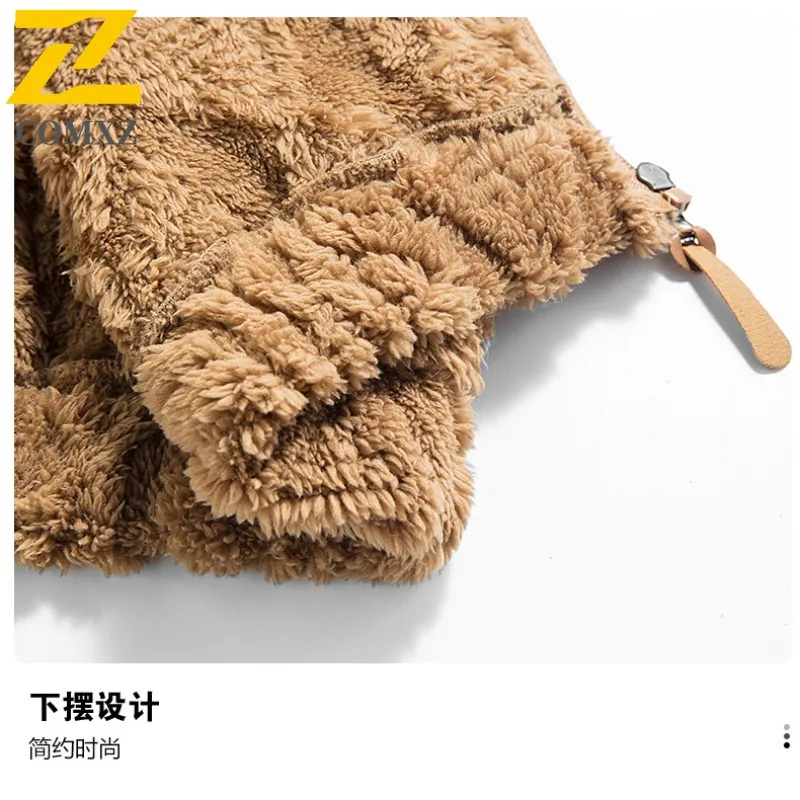 COMXZ 2025 Men Hooded Fleece Jacket Autumn Winter Sherpa-Lined Cotton Coat Zip-Up Korean Trendy Stylish Outerwear Daily Wear​
