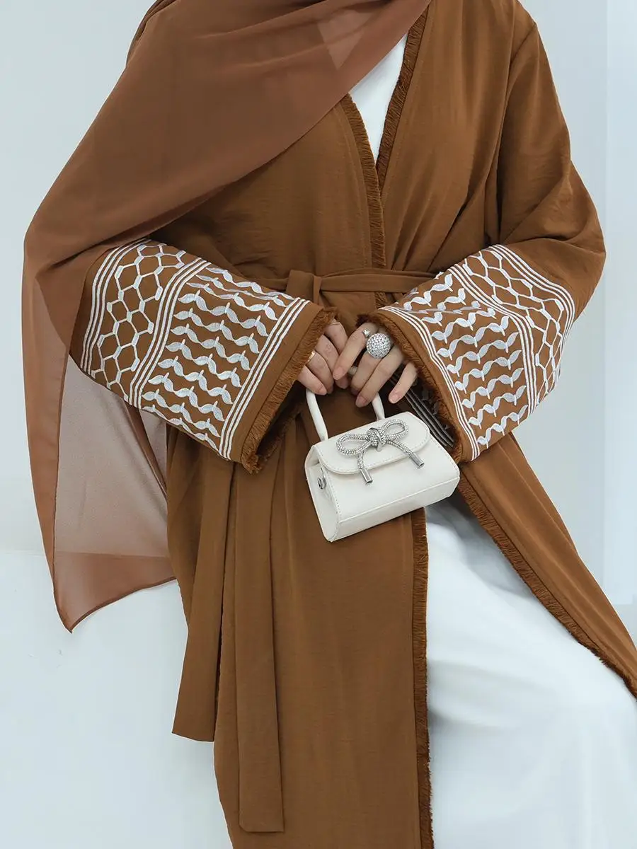 Muslim Embroidered Cardigan Robe Women's Ethnic Style Embroidered Tassel Edge Casual Set Abaya Middle East Dubai Turkey
