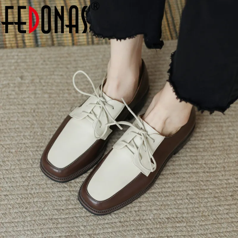 

FEDONAS 2023 New Arrival Women Pumps Low Heels Lace-Up Classic Square Toe Mixed Colors Dress Office Shoes Woman Spring Autumn