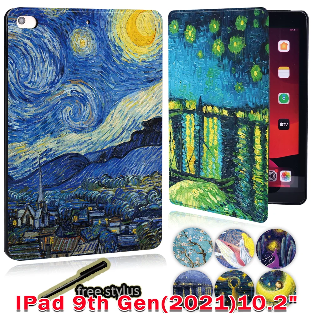 

Anti-fall Tablet Case for Apple iPad 10.2 inch 9th Generation 2021 Printed Painting Pattern Stand Shell Cover + Stylus