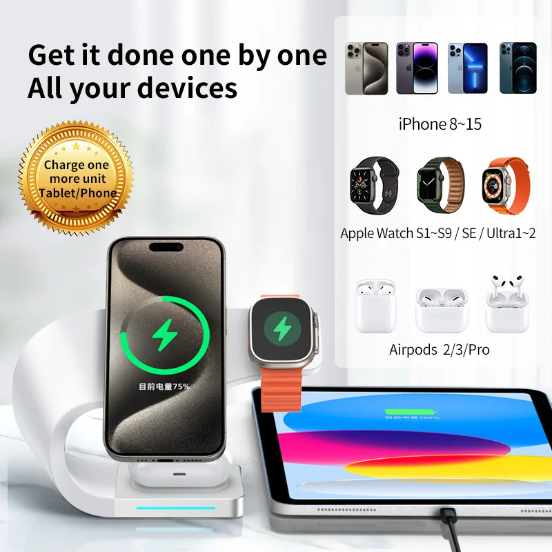 REMAX Magnetic Wireless Charger Stand 15W Induction Universal Quick Charging Dock For iPhone 15 14 13 12 WatchS1-7 SE AirPods