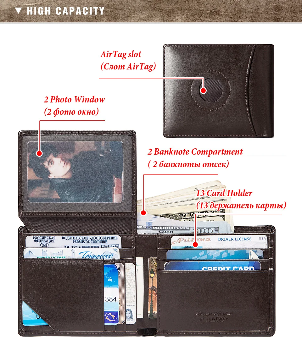 Real Leather RFID Trifold Wallet for Men - Slim Airtag Card Holder with ID Window