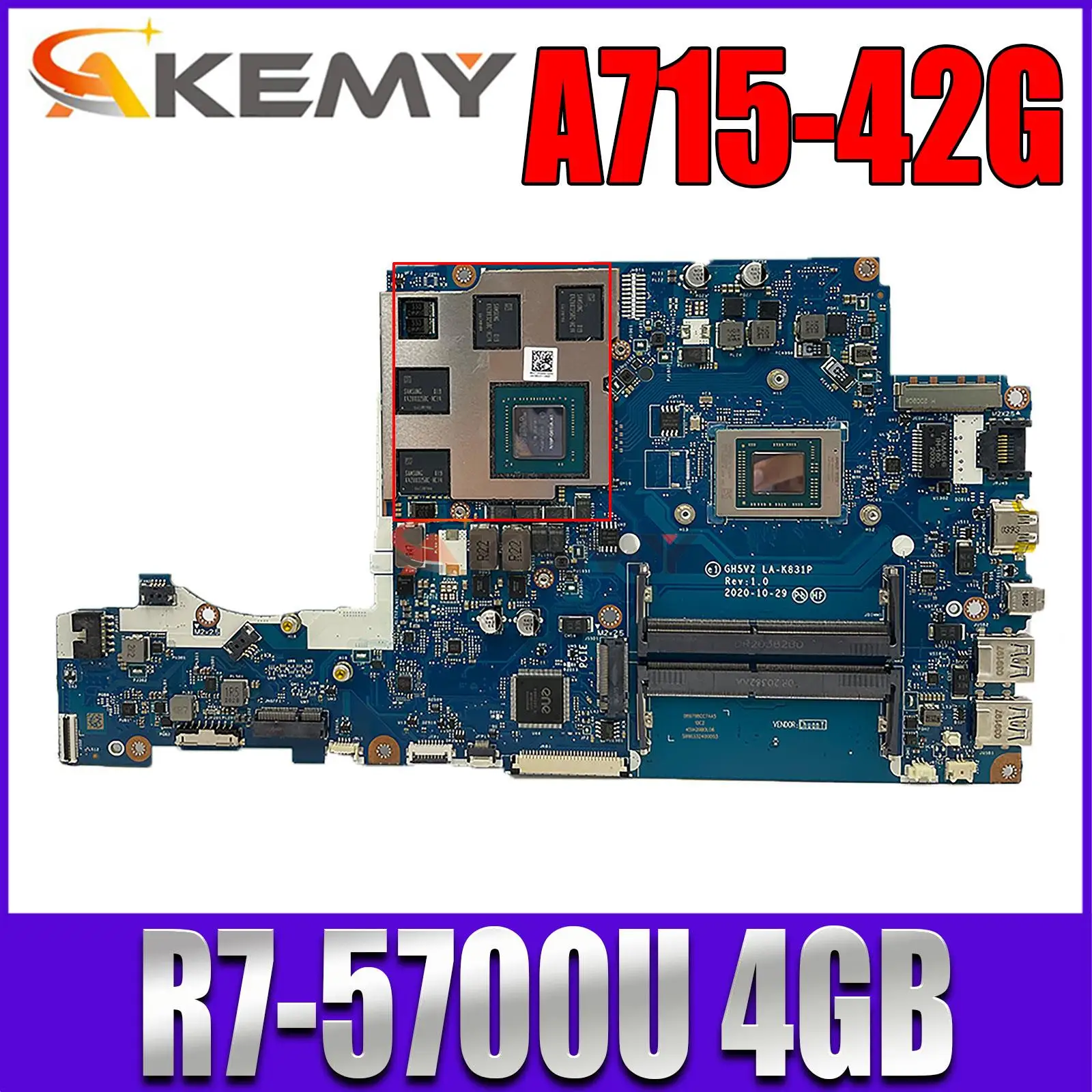 

LA-K831P Mainboard for Acer Aspire 7 A715-42G Laptop Motherboard R7-5700U/R5-5500U N18P-G61-A-A1 4GB NBQAY11004 DDR4 Teste OK