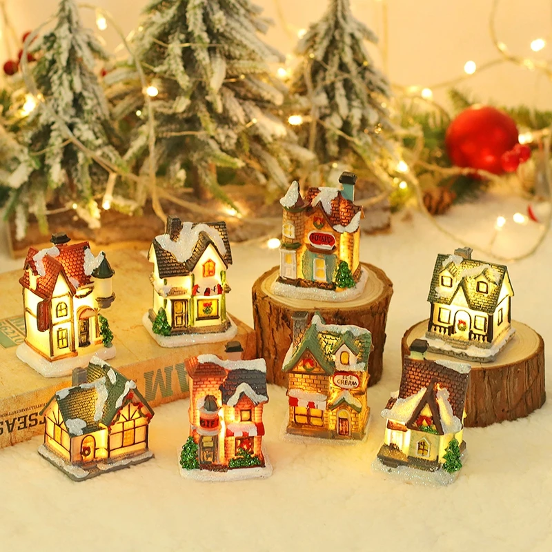 Christmas Decorations Christmas LED Light Wooden House Luminous Cabin Merry Christmas Decorations for Home DIY Xmas Tree Ornaments Kids Gift New Year