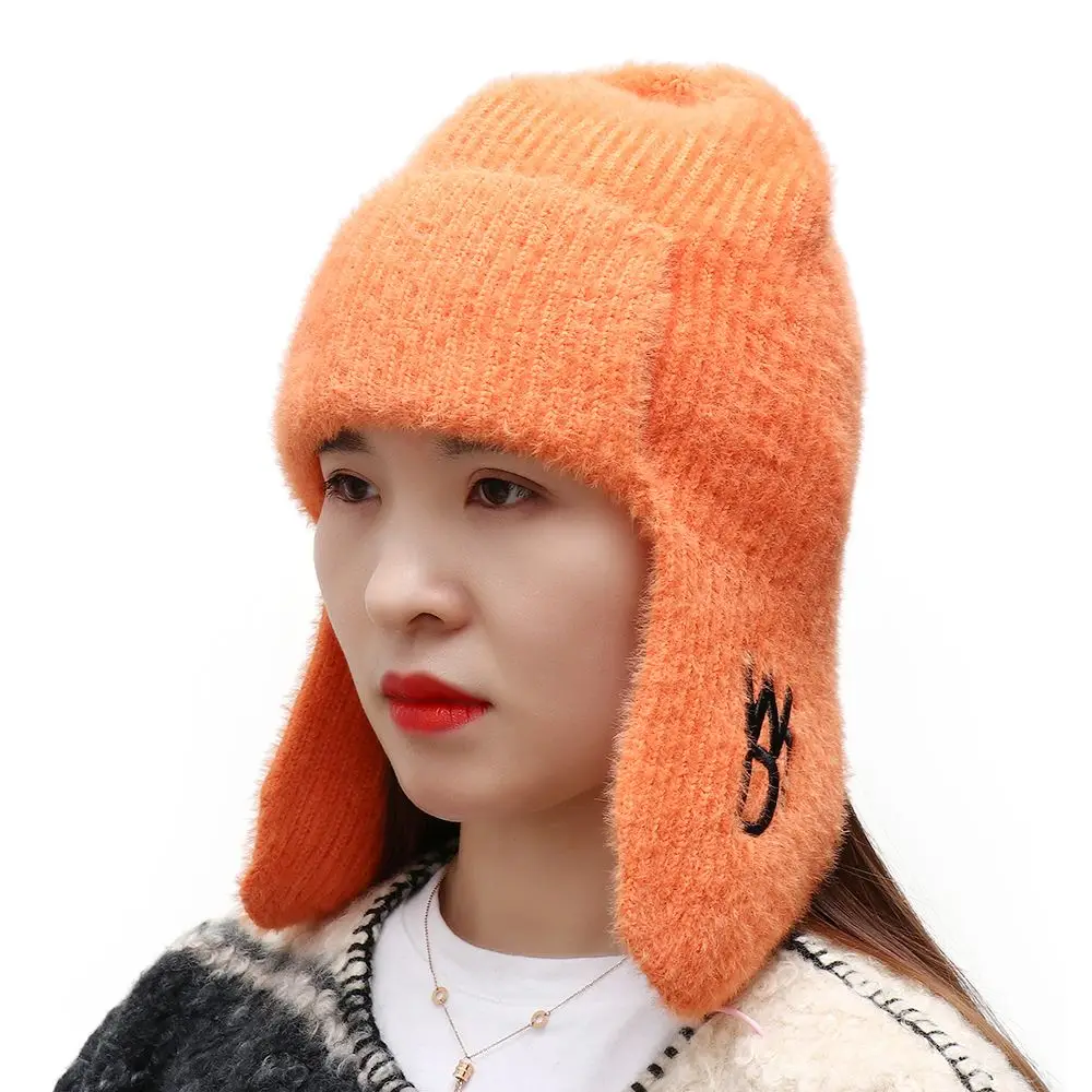 orange mad bomber hat Autumn Winter Velvet Warm Outdoor Wool Knitted Ear Flaps Windproof Ski Hat mad bomber trapper hat