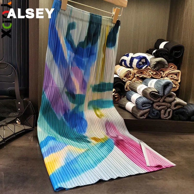 

ALSEY Miyake Pleated Colorful Skirt Women Spring New 2024 Spliced Pockets Medium Long Elegant Lady Clothing Split Pockets Skirt