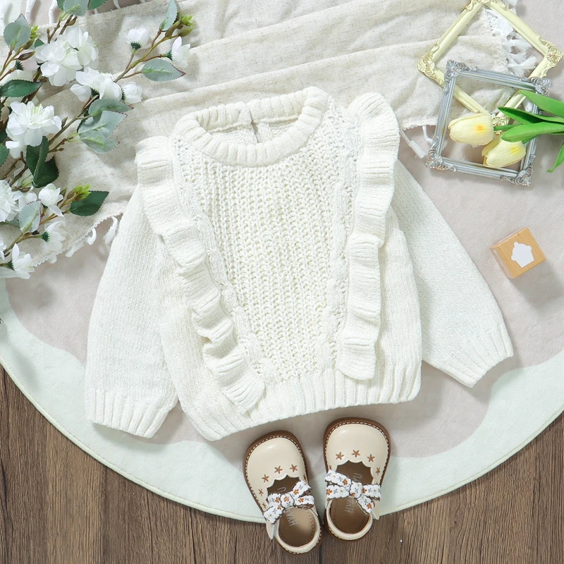 MISOWMNJOY 따뜻한 겨울  소녀 스웨터, 니트 긴팔 크루넥 프릴, 솔리드 아이 풀오버 상의, 점퍼  의류