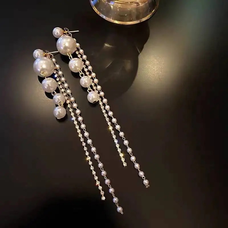 Long Dangle Earrings for Women Fashion Full Crystal Simulated Pearl Tassel Drop Earring Vintage Gold Color Brincos Jewelry dangle earrings,drop earrings,long earrings,crystal tassel earrings,crystal earrings