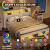 Bed Frame with Storage Bookcase Headboard and Footboard, Storage Wood Platform Bed Frame with Wood Slats Support, Noiseless LED 2