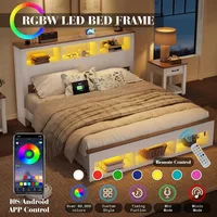 Bed Frame with Storage Bookcase Headboard and Footboard, Storage Wood Platform Bed Frame with Wood Slats Support, Noiseless LED 2