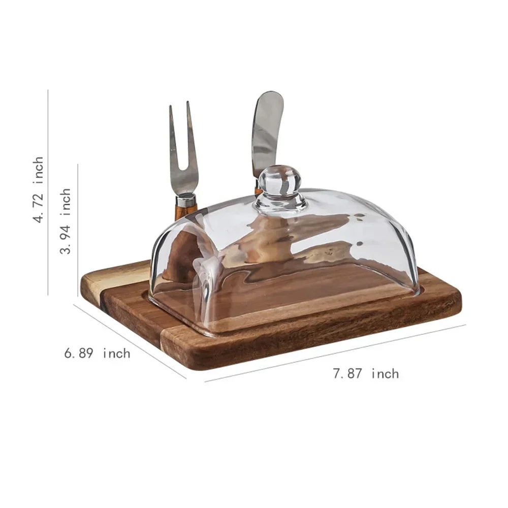 Retro Wooden Butter Box with Knife and Fork Clear Glass Lid Storage Boxs Cheese Butter Cheesecake Dessert Plate Storage Tray