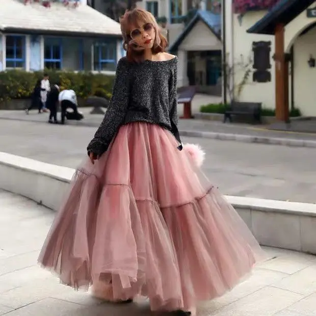 

Goth Luxury Brand Mesh Long Maxi Dress Pleated Women Autumn Winter A-line Korean High Waist Pink Skirt Casual Designer Skirt