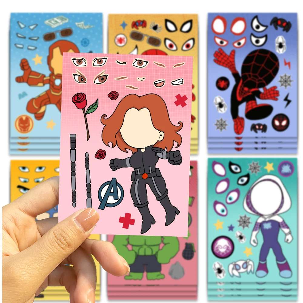 Children DIY Puzzle Stickers Spiderman/Iron Man Face Funny Anime Assemble 32Sheets Kids Toys Boys Girls Gifts