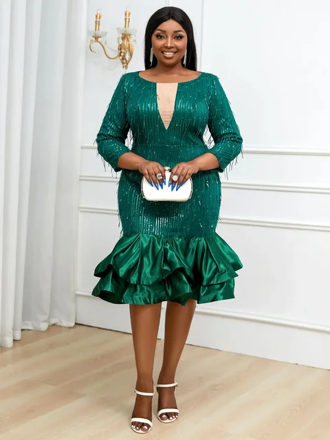 Osas Long Sleeve Ruffle Hem Sequins Dress