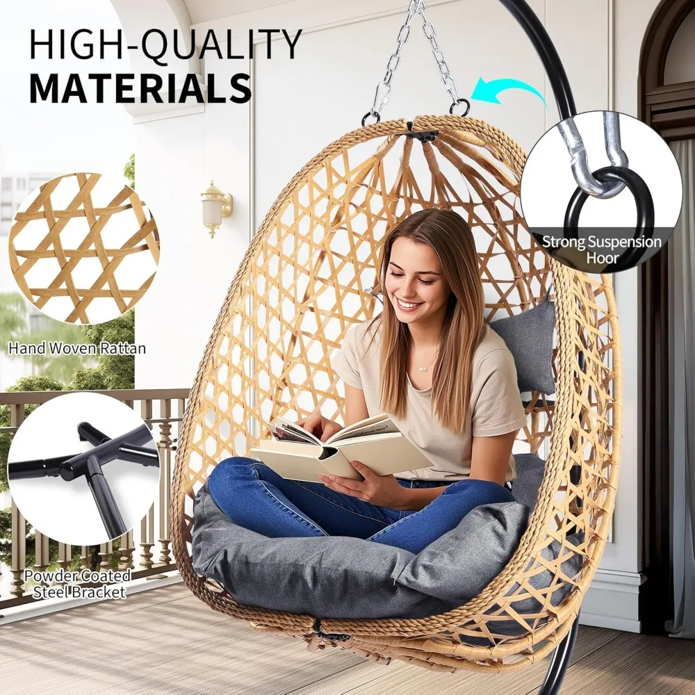 Egg Chair with Stand, Patio Wicker Hanging Chair, Hammock Swing Chair, 350LBS Capacity for Bedroom, Balcony, Garden 2