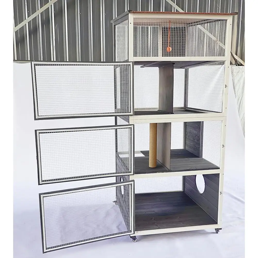 Large Wooden Cat Cage 4 Tier Outdoor Indoor House with Wheels Waterproof Roof Sisal Scratching Features