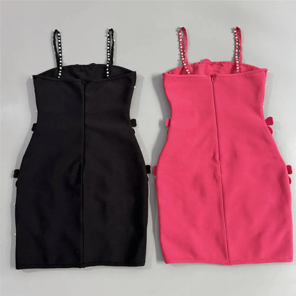 Luxuriöses Perlen-Diamanten-Kleid mit Sexy Spaghetti-Trägern, Bandage-Kleid für Damen, Figurbetontes Clubwear, Party-Minikleid – Detail 14