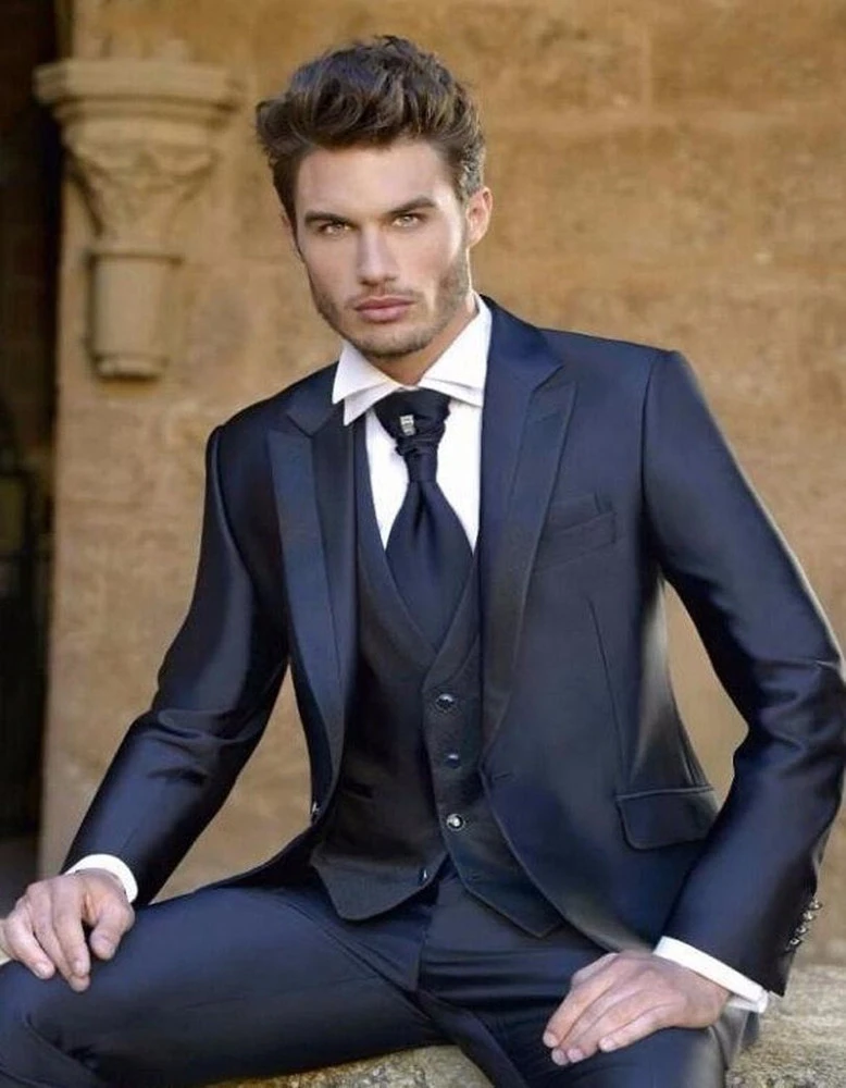 Traje clásico azul marino para hombre, traje de boda de un solo pecho, 3 piezas (chaqueta + pantalón + chaleco), traje de para boda, 2023| Trajes| - AliExpress