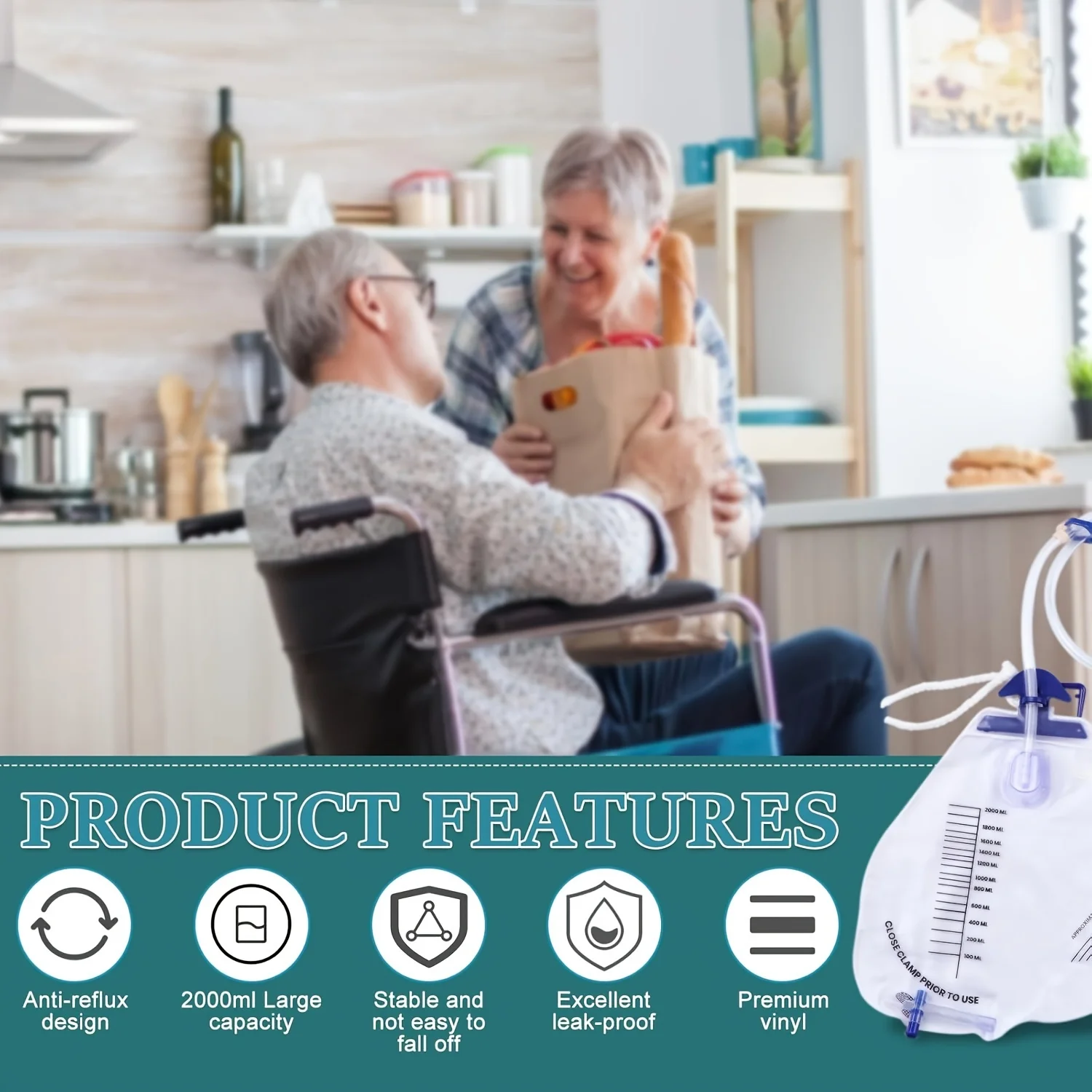 2000ml Urine Drainage Bag with 48" Anti Kink Tube, Cross Shaped Drainage Valve, Leak-Proof and Anti Reflux Design with Hanging H
