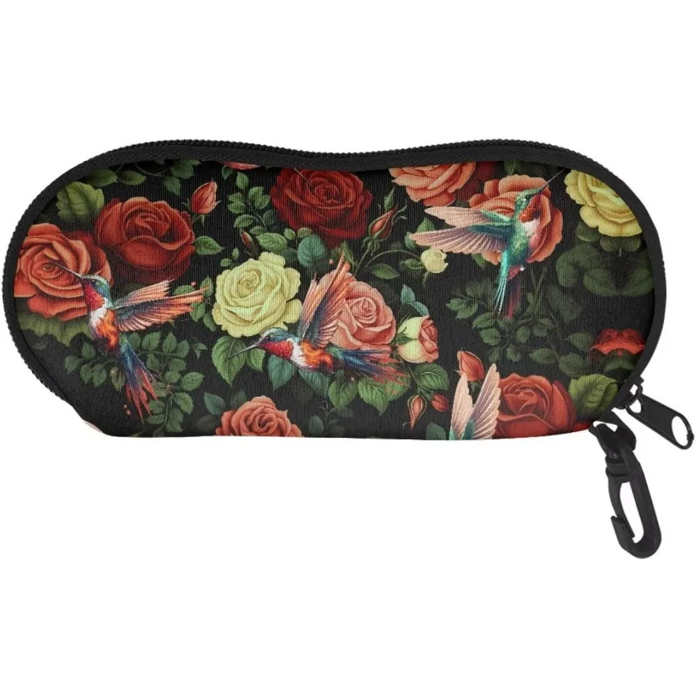 

Hummingbird Rose Glasses Case Pouch Prints Zipper Soft Eyewear Storage Box Outdoor Travel Portable Anti-Pressure Sunglasses Bag