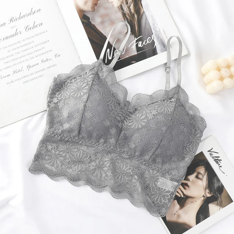 2021 Female Summer Crop Tank Top Women Fashion Deep V Lace Bras Embroidery Floral Tank Top Bra Wrapped Chest Camisole Padded Bra