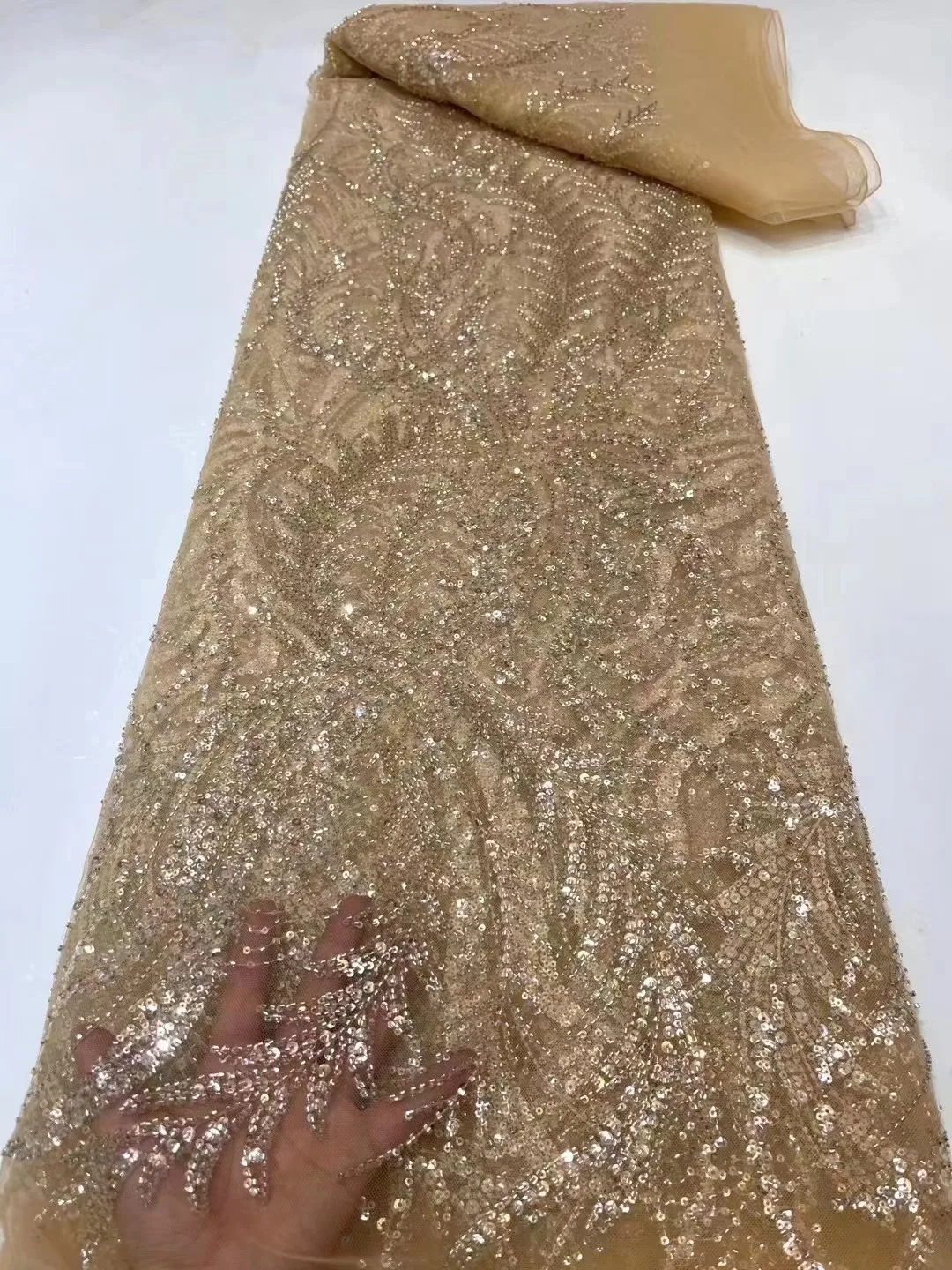 

5 Yards African Sequin French Tulle Fabric For Women Dress Sew 2023 High Quality Nigerian Bead Tube Embroidery Lace Fabric