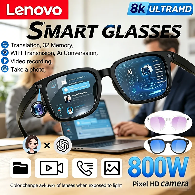 Occhiali Smart AI Lenovo con Fotocamera HD 8MP, Riprese 8K, Traduzione AI, Chiamate Bluetooth, Registrazione Musica, Occhiali da Sole Intelligenti - Regali 2026