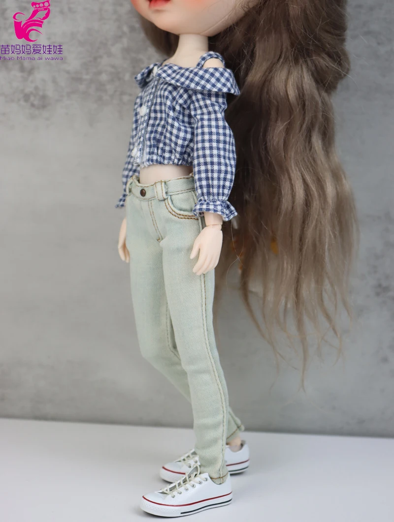 Blythe Doll Jeans Short Pants and Plaid Blouse for Ob24 Ob22 Azone Doll Clothes