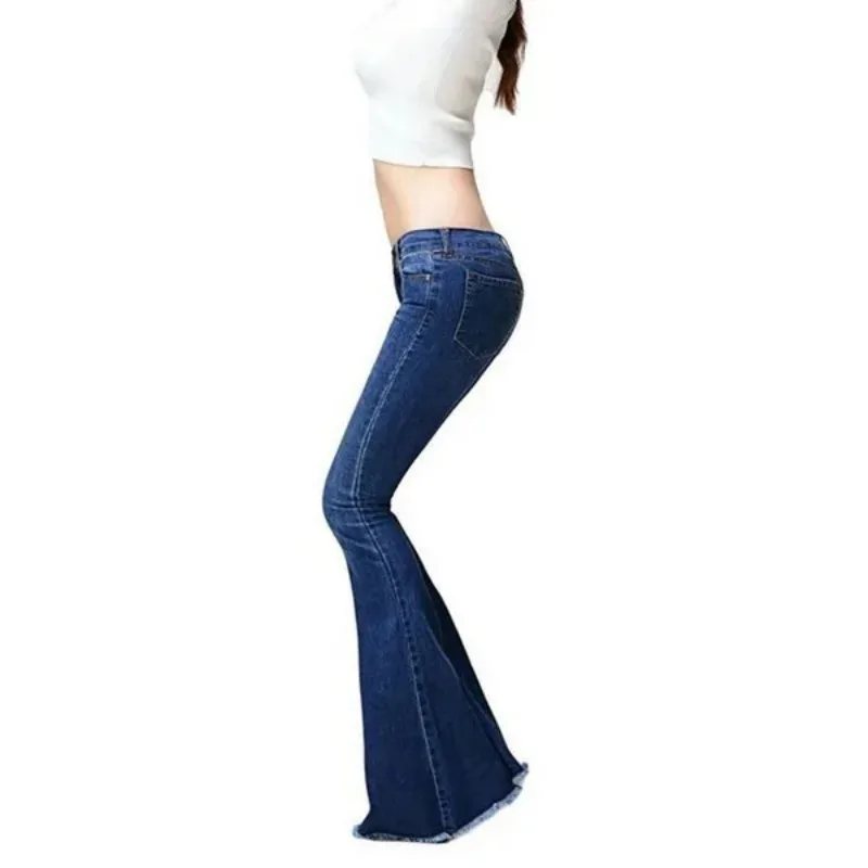 Women\'s Elegant Fashion High Waist Boot Cut Jeans Stretch Bell-Bottom Flare Denim Jeans Casual Wide Leg Pants Trousers Bottoms
