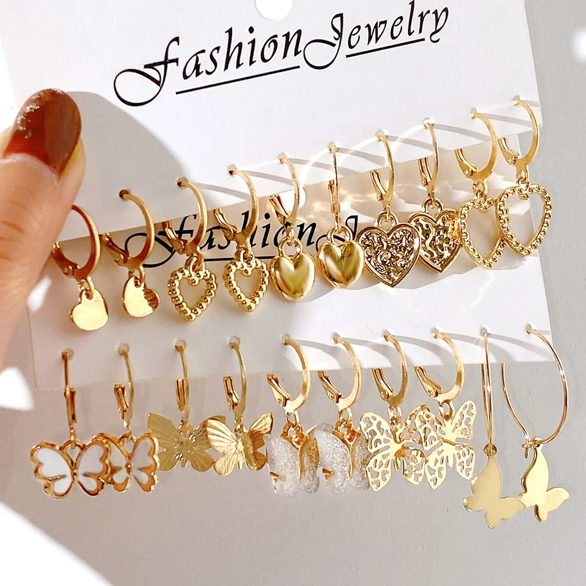Butterfly Earrings 10pcs Women Earrings New Creative Simple Fashion Temperament Hollowed-out Butterfly Love Earrings Gold-color