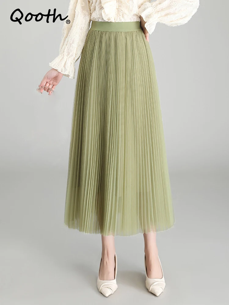 

Qooth Women Mid-length A-line Mesh Skirt Casual Elastic Waist Fairy Long Tulle Pleated Skirt For Spring Summer QT2049