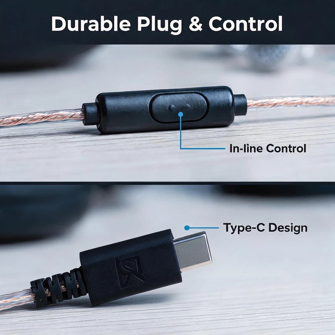 Retro-Style Type-C Wired Earbuds with Braided Cable and Built-In Microphone