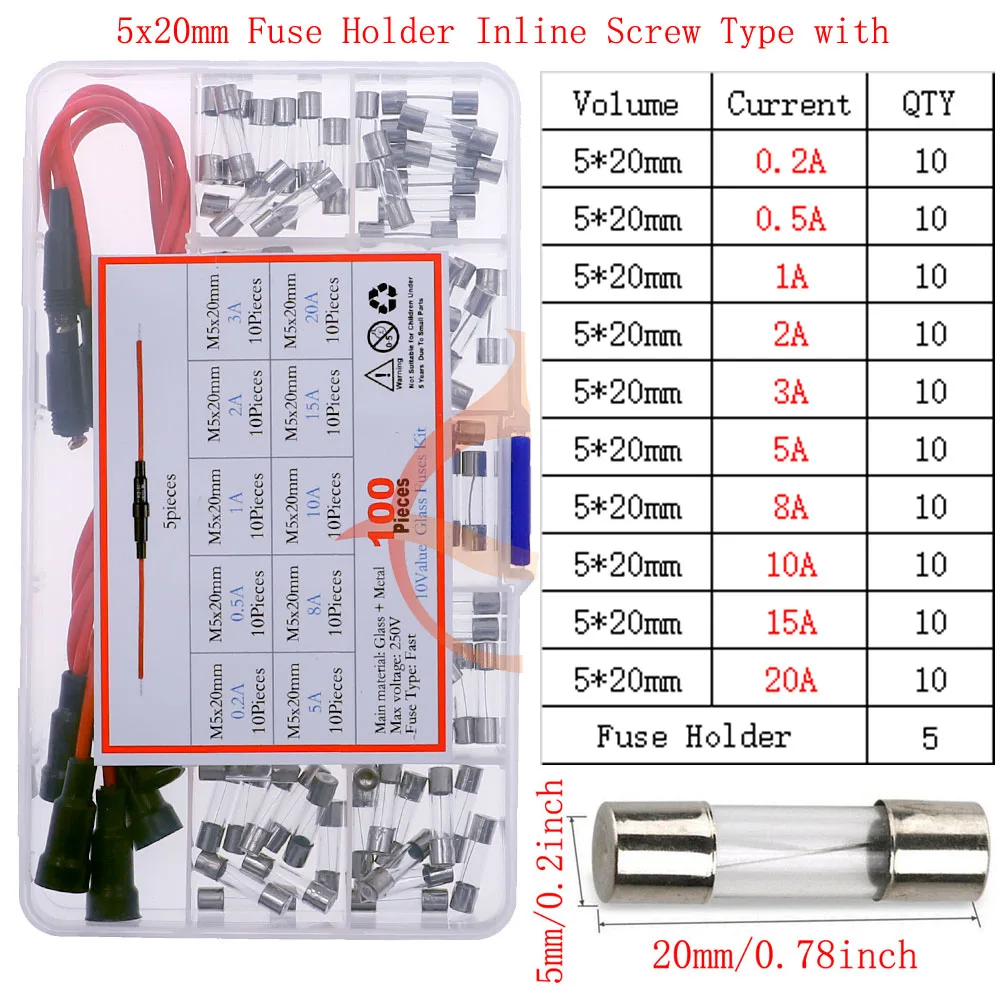 12V-250V 납선 믹스 키트가 있는 느린 고속 유리 퓨즈 0.1A 0.25A 0.5A 1A 2A 2.5A 3A 3.15A 4A 5A 6A 6.3A 8A 10A 15A 16A 20A 30A