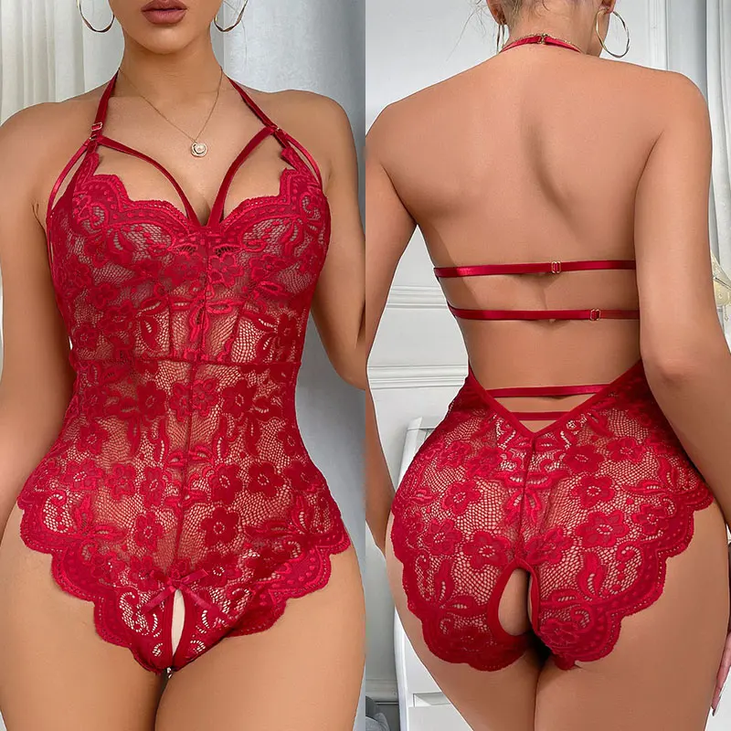 Women Lingerie Set Women Sexy Crotchless Underwear Lace Hollow Bra Set Erotic Costume Teddy Baby Doll Dress Deep V Open Bra Porn Lingerie Set