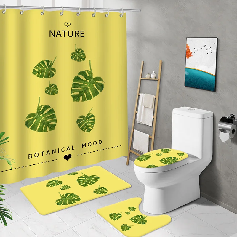 

3D Green Leaves Shower Curtain Set With Rugs Tropical Palm Liner Hawaii Monstera Leaf Bath Carpet