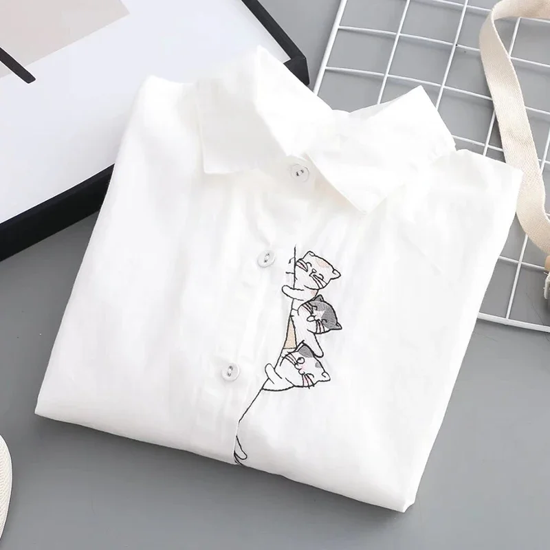 Spring Autumn Japanese Mori Girl Cartoon Cat Embroidery Shirt Women Long Sleeved Turn Down Collar Female Kawaii Blouse Tops