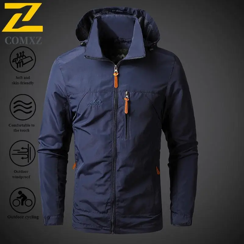​Men's Windproof Softshell Jacket Outdoor Sports Waterproof Solid color Hiking Windbreaker Casual Zipper Hooded Tactical​ Coat