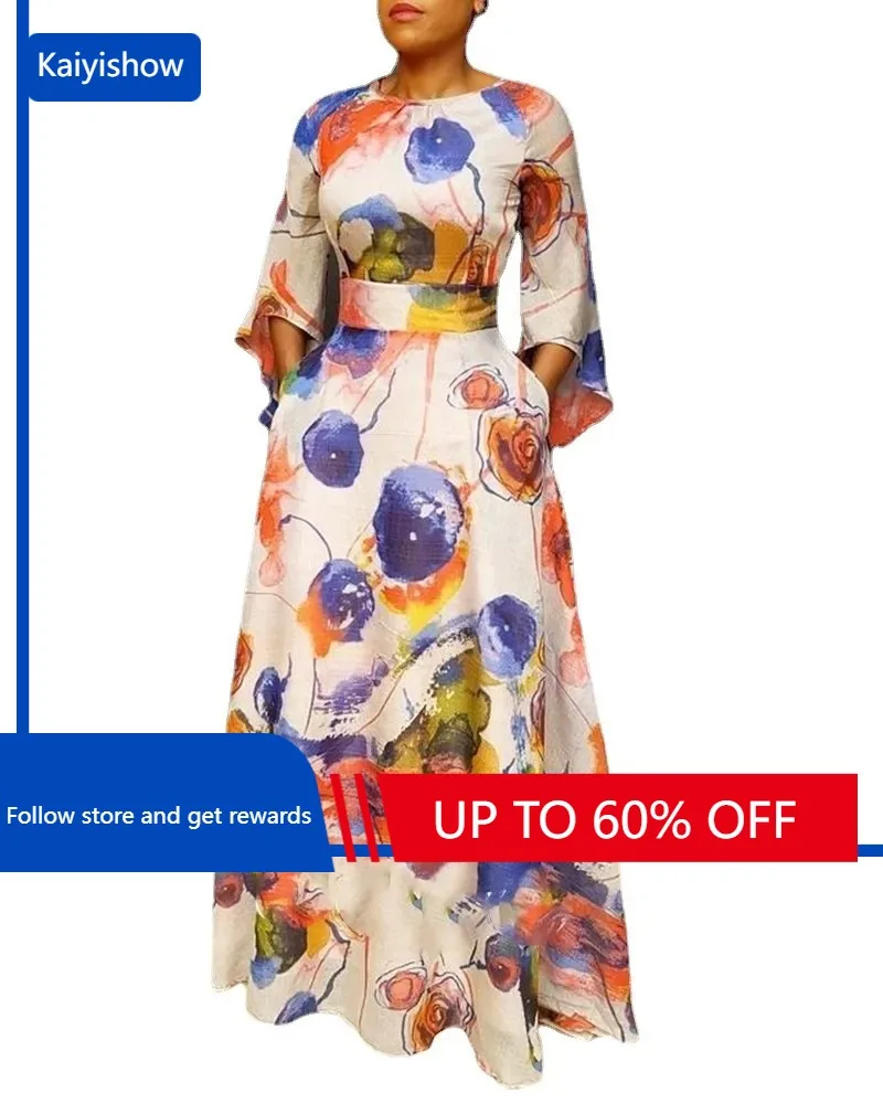 

Elegant Autumn African Dresses for Women 2023 African Long Sleeve O-neck Polyester Print Long Dress Dashiki African Clothing