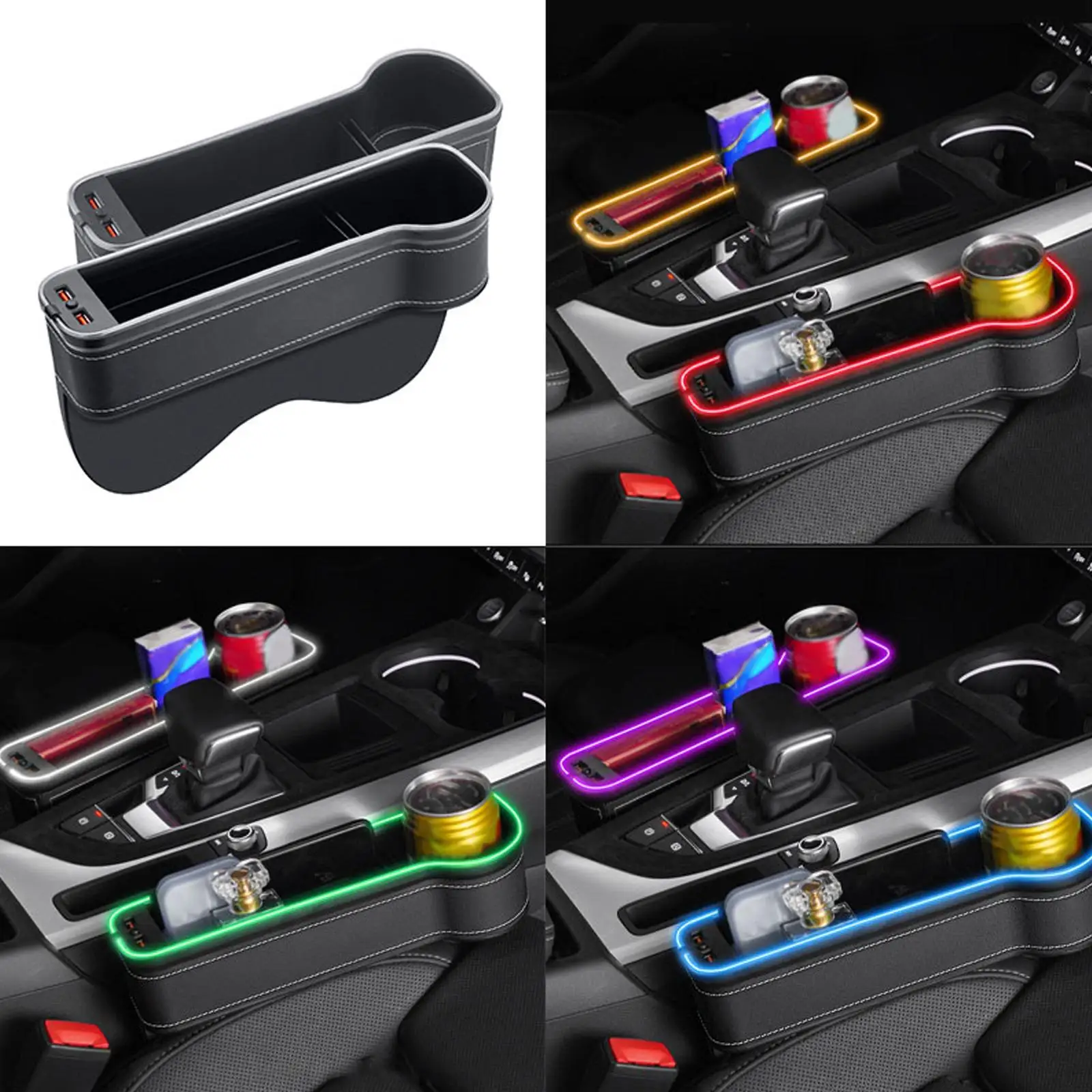 New Car Crevice Storage Box with 2 USB Charger Colorful LED Seat Gap Slit  Pocket Seat Organizer Card Phone Bottle Cups Holder