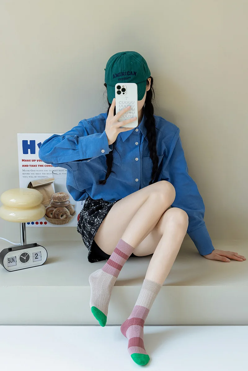 Retro Damensocken im koreanischen Stil, neue Neuheit, Baumwolle, lässig, gemischte Farben, japanischer Stil, AB-Socken, Damen, gestreifte Baumwollsocken, mittelgroße Socken – Detail 15