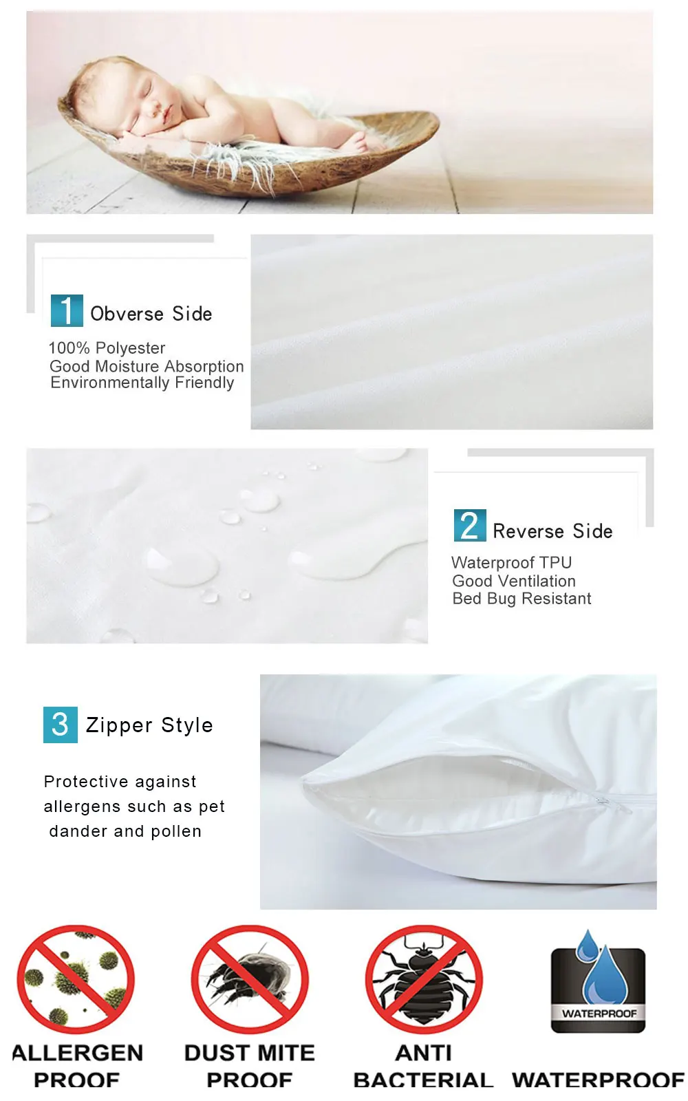 Waterproof Pillow Protector with Zipper Bed Bug Proof Pillowcase Protects Against Dust Mite &Stains Allergens Pillow Cover 1pc